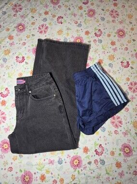 Y2K Streetwear Bundle: Edikted Wide-Leg Jeans + Navy Track Shorts